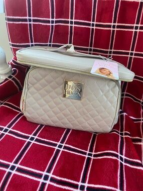 Paris Hilton Beige Quilted Cosmetic Case with Gold Logo